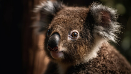 Cute koala, fluffy fur, looking at camera, small animal portrait generated by AI