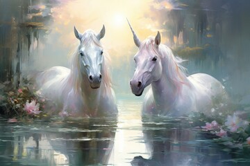 Majestic unicorns with shimmering silver horns - Generative AI