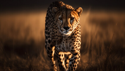 Majestic cheetah walking in the wilderness, staring into the sunset generated by AI