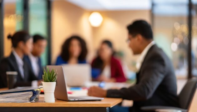 Out of focus image of a group of business people working in the office