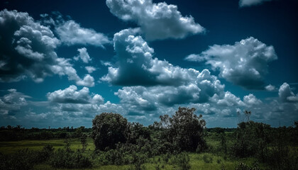 Obraz premium A serene meadow under a blue sky, surrounded by lush trees generated by AI