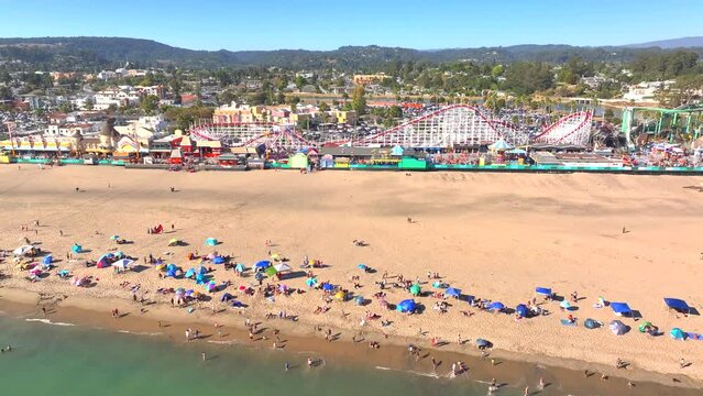 Santa Cruz Beach Boardwalk on Summer Day / Aerial 4K