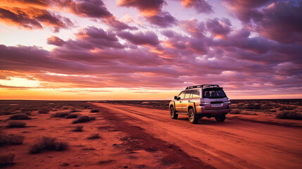 Australia red sand unpaved road and 4x4 at sunset Francoise Peron Shark Bay