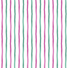 Beautiful watercolor stripes drawing. Hand painted seamless pattern purple and green stripes on white background.