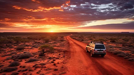 Poster Australia red sand unpaved road and 4x4 at sunset Francoise Peron Shark Bay © Ziyan Yang