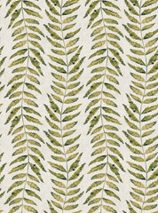 Watercolor stripe leaf seamless pattern on olive green leaf and linen textured background.