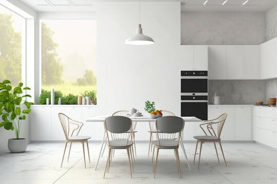 Bright kitchen with empty white poster, double oven, dining table, armchairs, and concrete floor. Minimalism. Idea space. Mockup. Generative AI