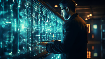 Internet network and cybersecurity of data center. Data engineer using biometrics technology in a server room to access data connecting with database 
