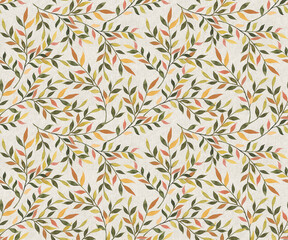 seamless watercolor pattern with leaves branches, orange leaves branches and flowers, freehand drawing in pencil illustration, seamless pattern