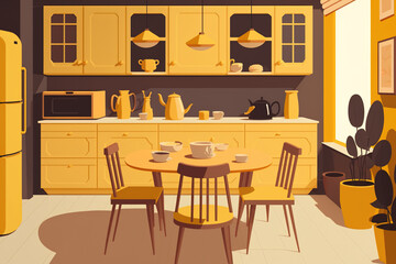 drawing, eating and food preparation areas, interior scene and mockup, The furniture color contrasts nicely with the room's yellow tones. Generative AI