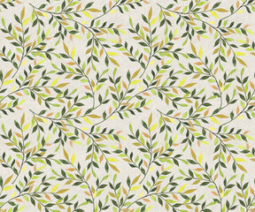 seamless watercolor pattern with leaves branches, yellow leaves branches and flowers, freehand drawing in pencil illustration, seamless pattern