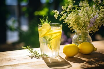 A Refreshing Glass of Homemade Lemon Thyme Soda, Sparkling Under the Warm Sunlight on a Rustic Wooden Table Surrounded by Fresh Thyme Sprigs and Sliced Lemons