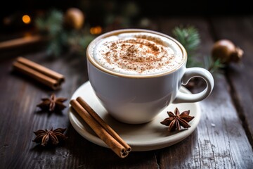 A Warm Eggnog Latte in a Festive Mug, Garnished with Cinnamon Sticks and Nutmeg, Sitting on a Rustic Wooden Table in Soft Morning Light