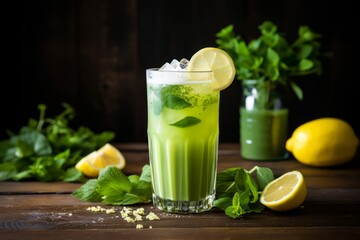 Fototapeta premium A Refreshing Glass of Matcha Lemonade Sits on a Rustic Wooden Table, Surrounded by Fresh Lemons and Green Matcha Powder