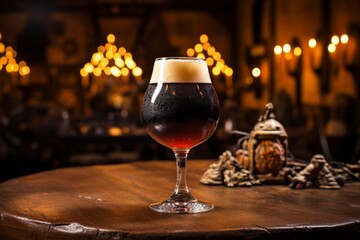 A richly poured glass of Quadrupel, the strong Belgian-style ale, sitting on a rustic wooden table against a backdrop of a cozy, dimly lit tavern