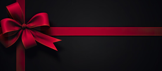 Red ribbon, bow on black background, xmas, new year, black friday, cyber monday banner concept  with copy space for text, top view