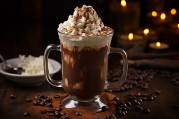 A delectable blend of chocolate and vanilla coffee served in a clear glass mug, topped with whipped cream and a dusting of cocoa powder