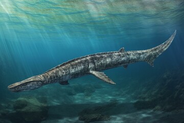 Ancient marine reptile Mosasaurus lived in the ocean long ago. Generative AI - obrazy, fototapety, plakaty