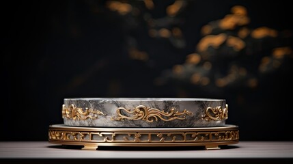Luxury black gold Chinese podium mockup with flower on the marble glitter background AI Generative