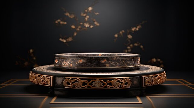 Luxury black gold Chinese podium mockup with flower on the marble glitter background AI Generative