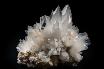Stunning quartz cluster, detailed and isolated on dark background. Rare, natural white mineral. Beautiful arrangement of crystals. Generative AI - obrazy, fototapety, plakaty