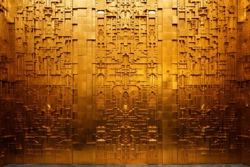 Opulent wall with golden, polished arabesque blocks. Generative AI