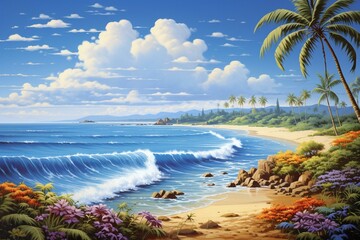A serene summer scene featuring a vibrant blue ocean harmoniously blending with a cloudy sky. Generative AI