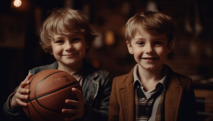 Smiling boys playing basketball, childhood happiness in cheerful portrait generated by AI - obrazy, fototapety, plakaty