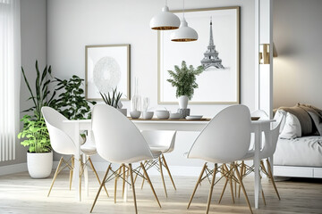 Fototapeta premium White seats at hardwood table in stylish dining room. Generative AI