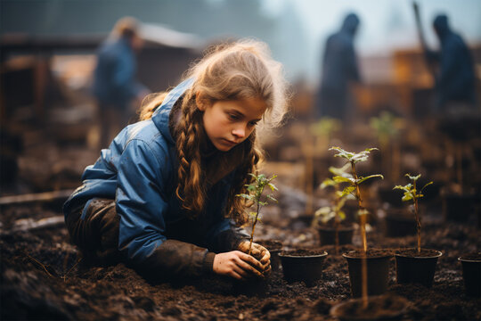 A curly girl plants a young tree in the ground. People plant young trees together as a global concept of caring for the environment