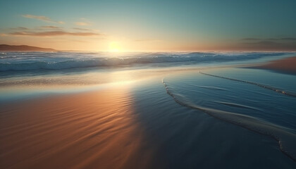 Fototapeta premium Sunset over the tranquil coastline, waves reflecting the golden twilight generated by AI