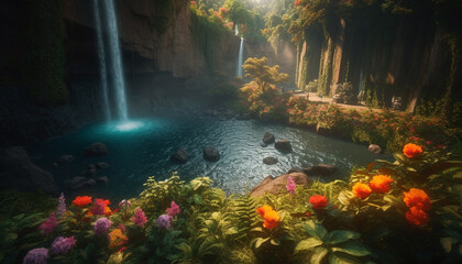 Fototapeta premium Nature beauty in a tranquil scene green forest, flowing water generated by AI