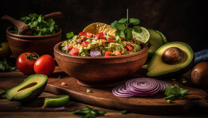 Fresh avocado guacamole, a healthy vegetarian meal with organic ingredients generated by AI