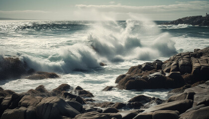 Obraz premium Breaking waves crash against rocky coastline, splashing in the sunset generated by AI