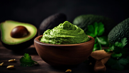 Fresh avocado guacamole, a healthy vegetarian dip with organic ingredients generated by AI - obrazy, fototapety, plakaty