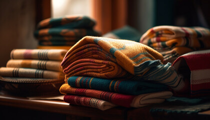 Woven wool textiles stack, creating a cozy, homemade winter collection generated by AI