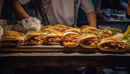 Grilled beef sandwich, fresh meat on homemade bun, street food generated by AI