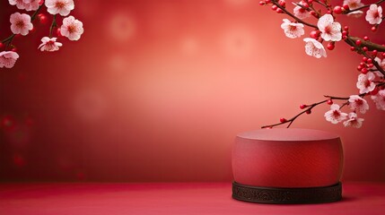 Luxury red podium mockup with cherry blossom AI Generative