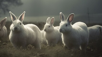 Obraz premium Cute baby rabbits running in the meadow, celebrating spring season generated by AI