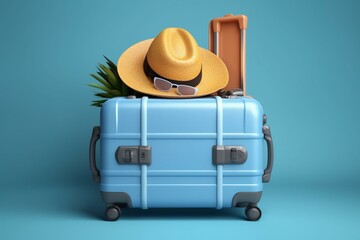 A blue suitcase with travel accessories for vacation, including sunglasses, hat, and baggage. It offers space for customization. Generative AI