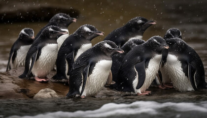 Fototapeta premium A cute penguin waddling on ice, surrounded by its colony generated by AI