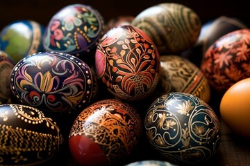Fototapeta na wymiar vibrant painted Easter eggs adorned with lovely decorative patterns. Generative AI
