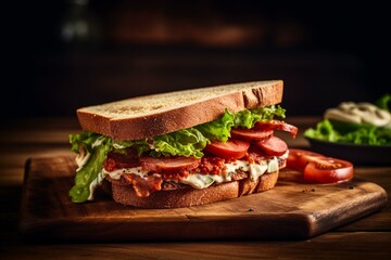Sandwich with chorizo, lettuce, tomato, and aioli on a rustic table. Generative AI