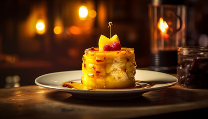Gourmet dessert on table, sweet fruit slice, fresh homemade indulgence generated by AI - obrazy, fototapety, plakaty