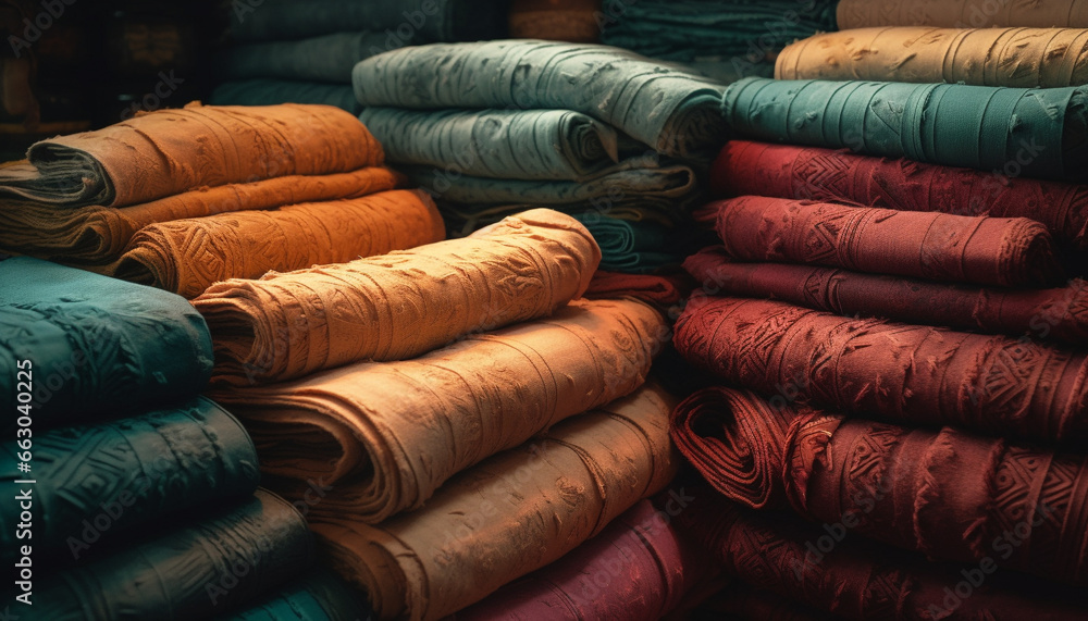 Poster stack of pillows and cushions in a textile industry pattern generated by ai