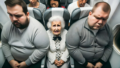 Distressed elderly lady sandwiched between two big men on plane - obrazy, fototapety, plakaty