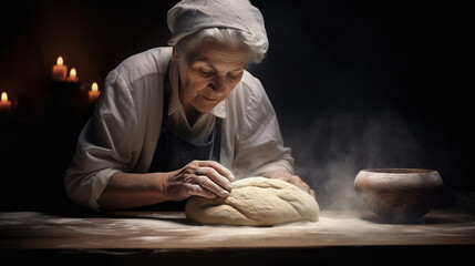 Elderly woman making dough to bake bread, pies, and pastries. Made with love. Traditional cuisine.