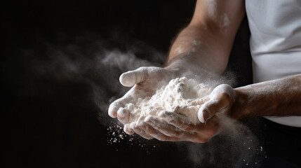 Hands of a male baker holding flour, preparing to make fresh dough for baking. Traditional cuisine.