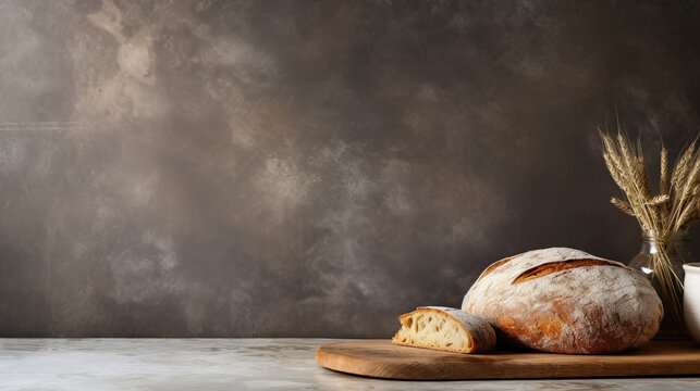 Homemade rustic bread on a marble kitchen countertop, on dark background with copy space