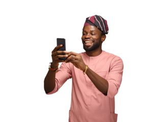 PNG of Happy black African man using his Smartphone, mobile device